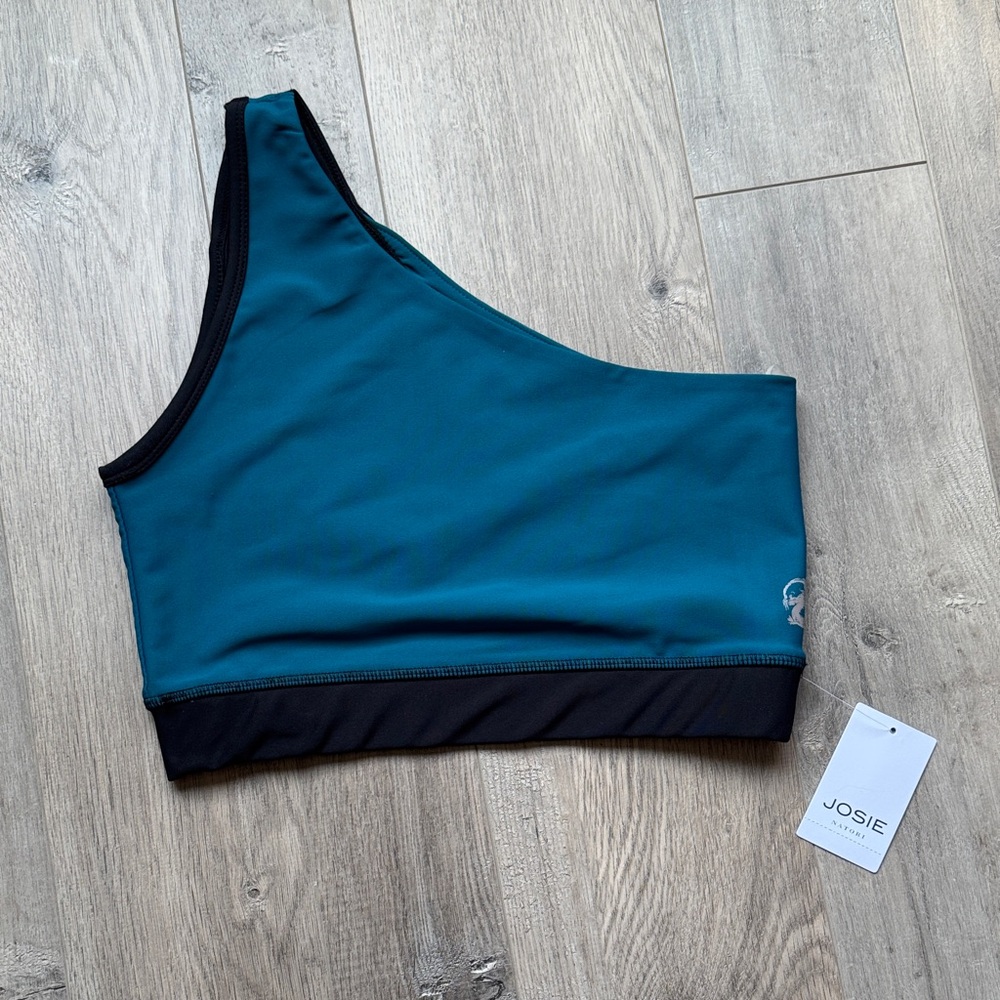 NEW! Josie Natori Teal and Black One-Shoulder Sports Bra